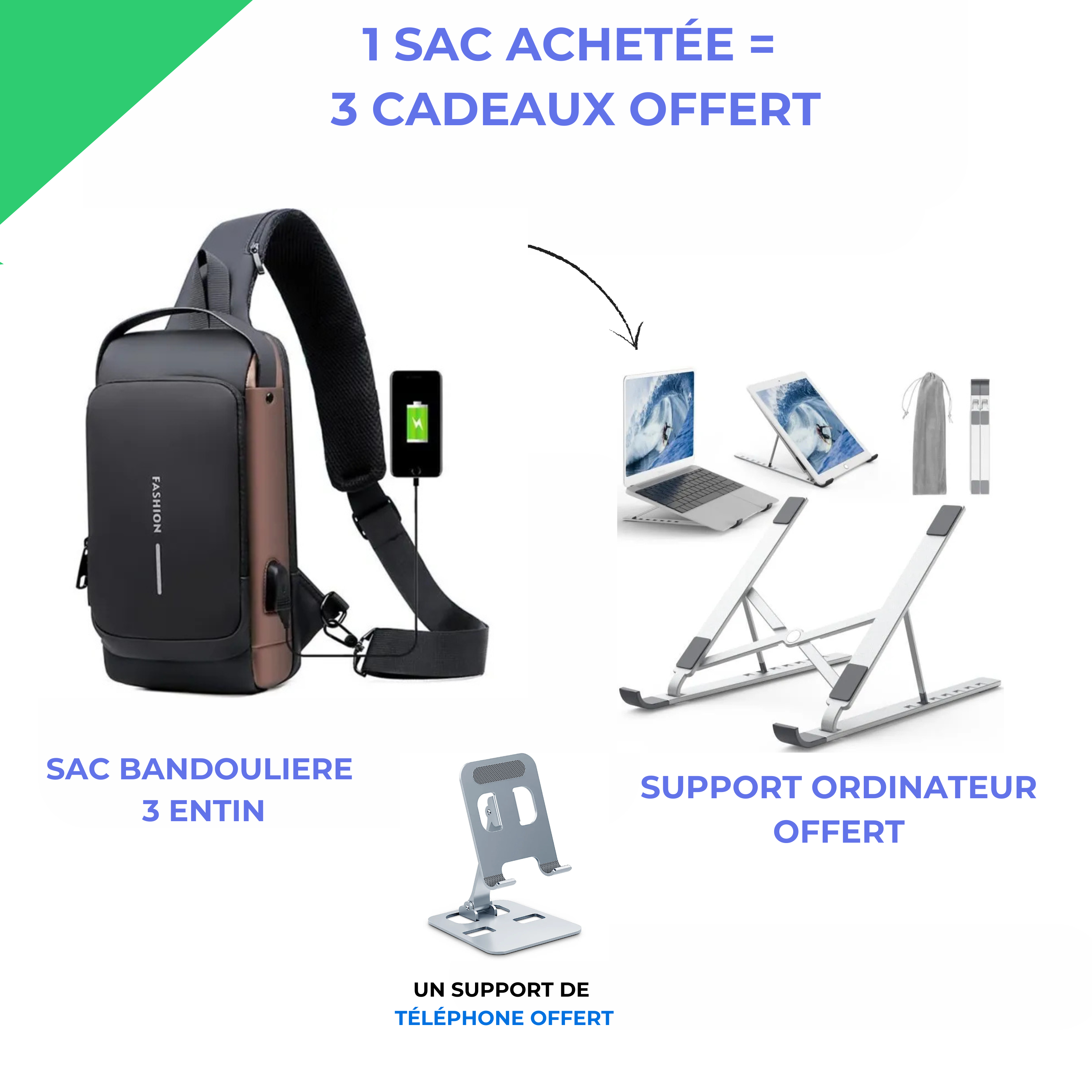sac bandouliere SN + support ordinateur + un support de téléphone
