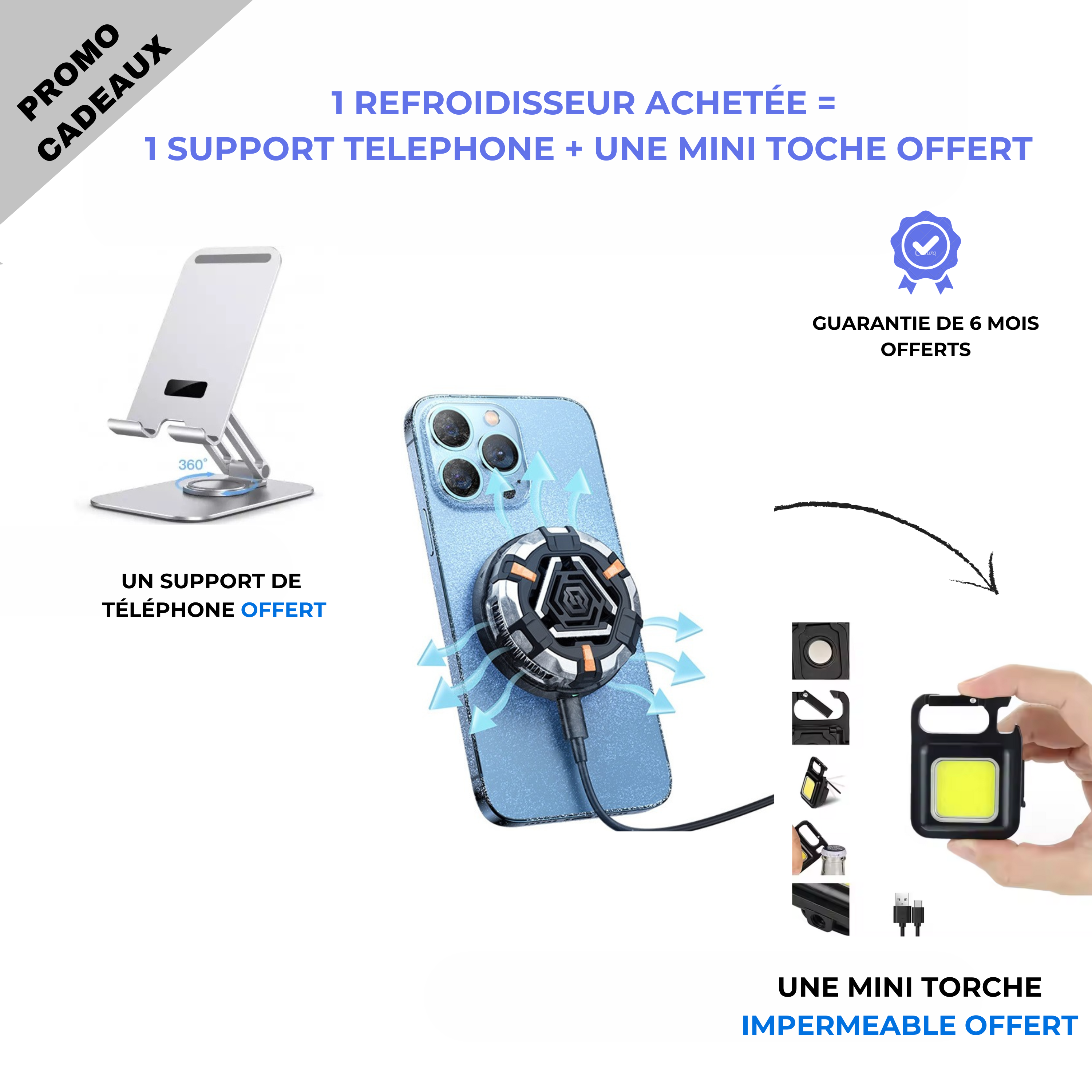 refroidisseur tel + mini torche + support de tel