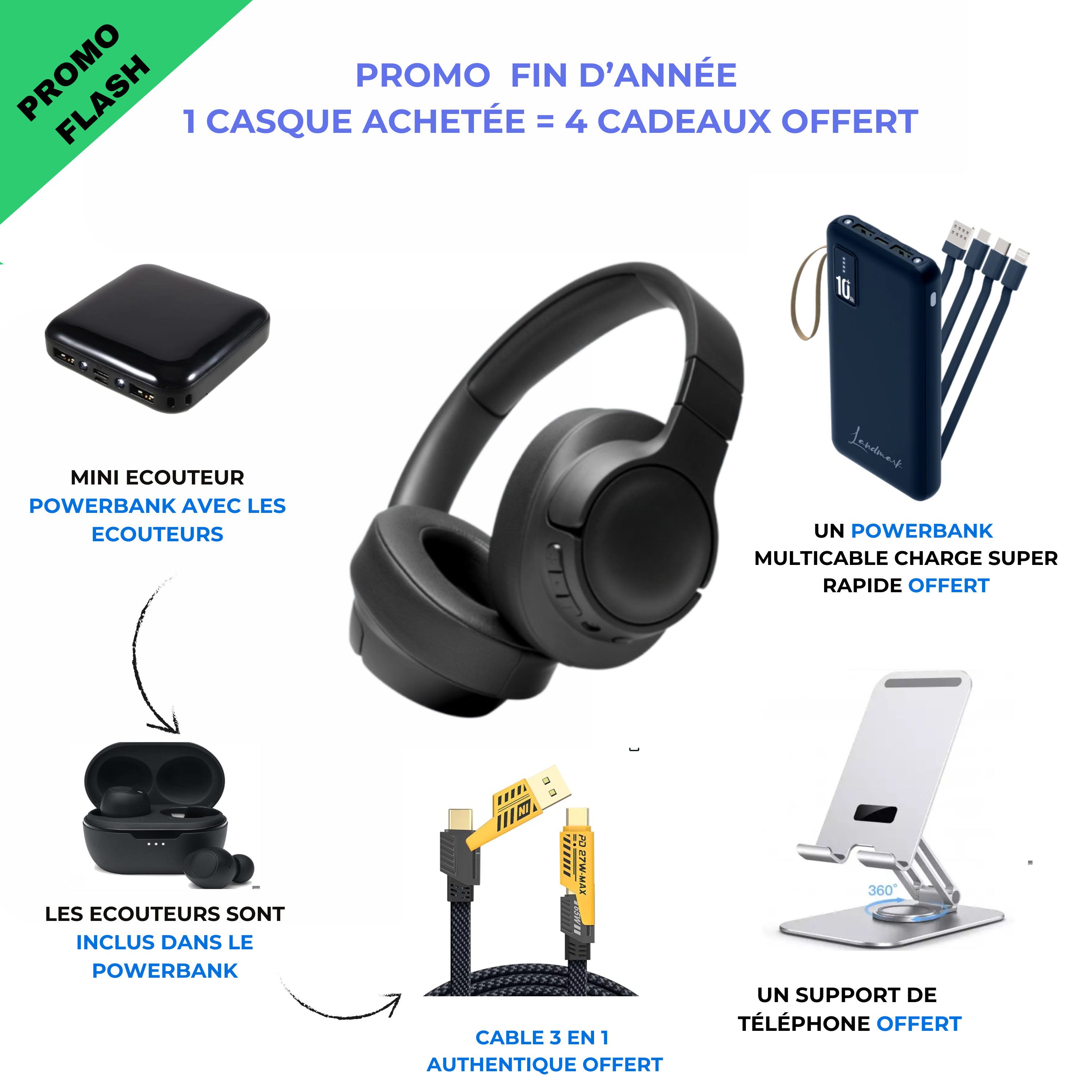 Casque bluetooph NIG + ecouteur powerbank + cable 3 en 1 +powerbank +support tel