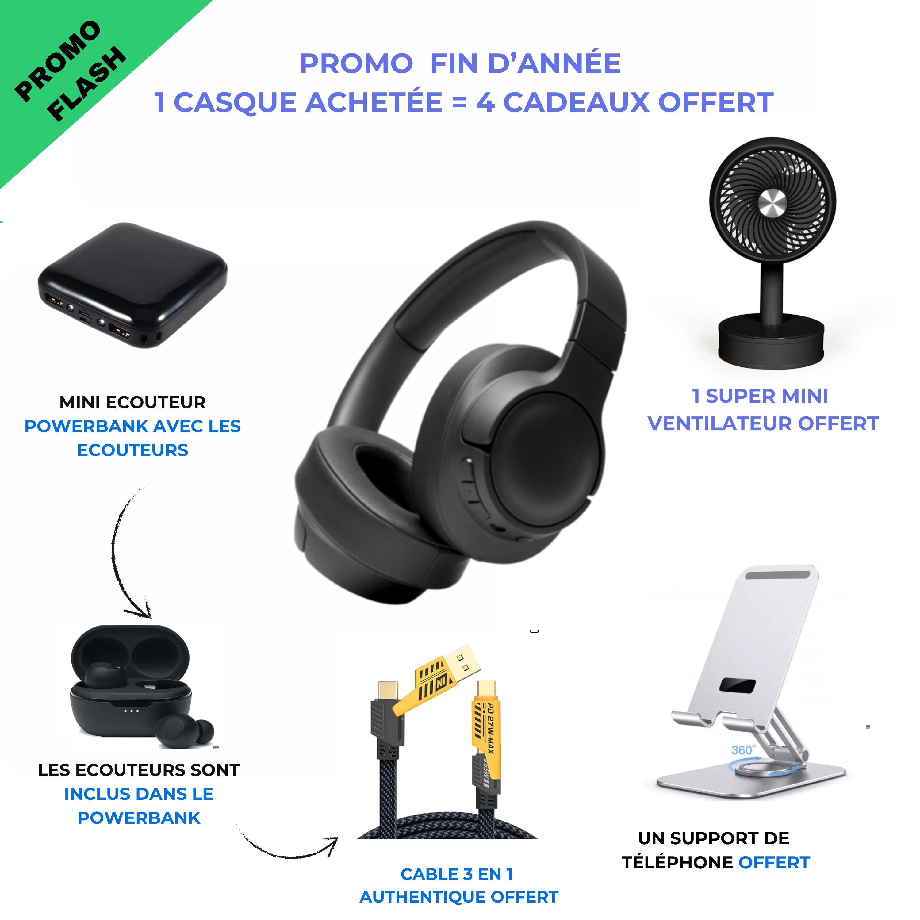 Casque bluetooph CIV + ecouteur powerbank + Mini ventilo CIV