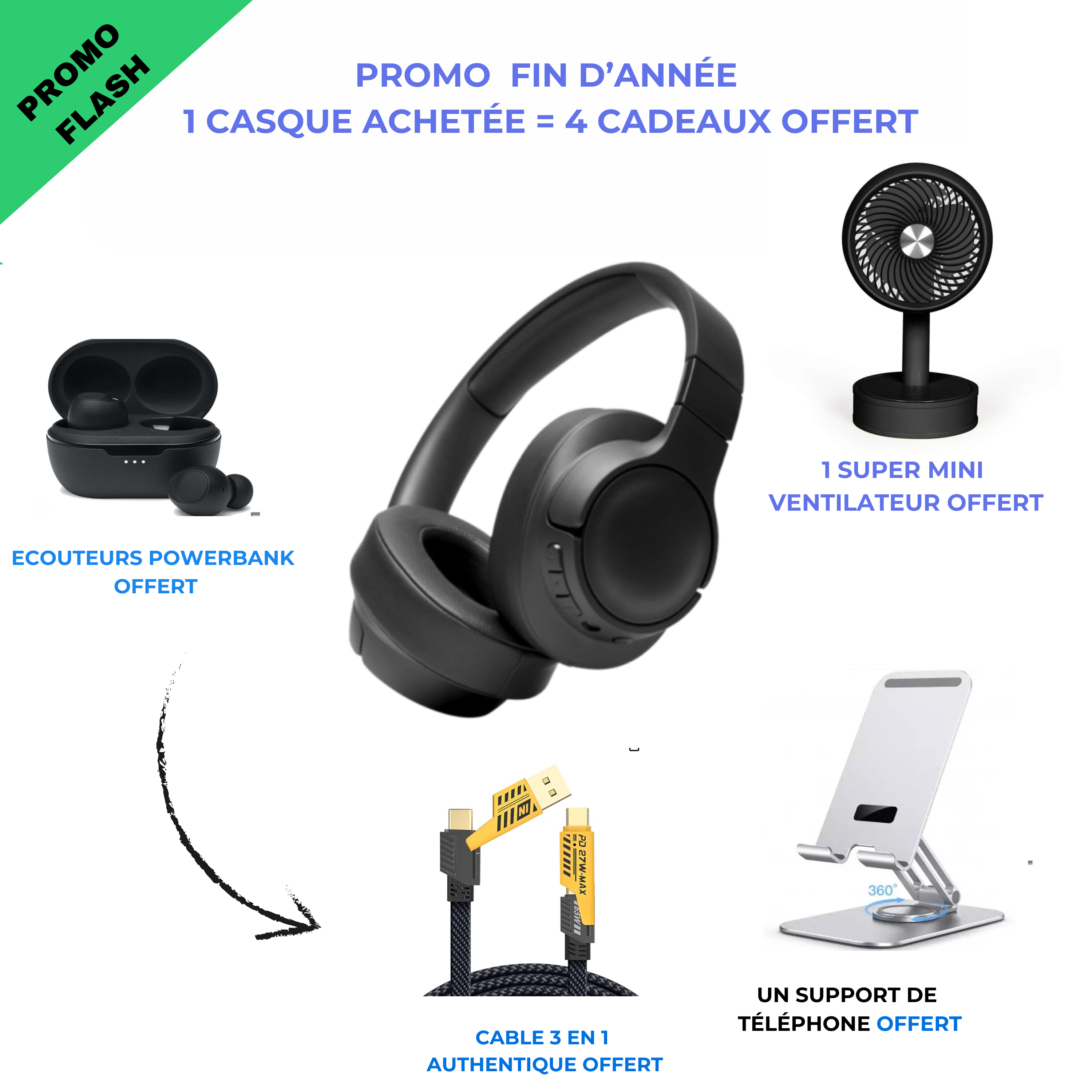 Casque bluetooph GAB + ecouteur powerbank + Mini ventilo