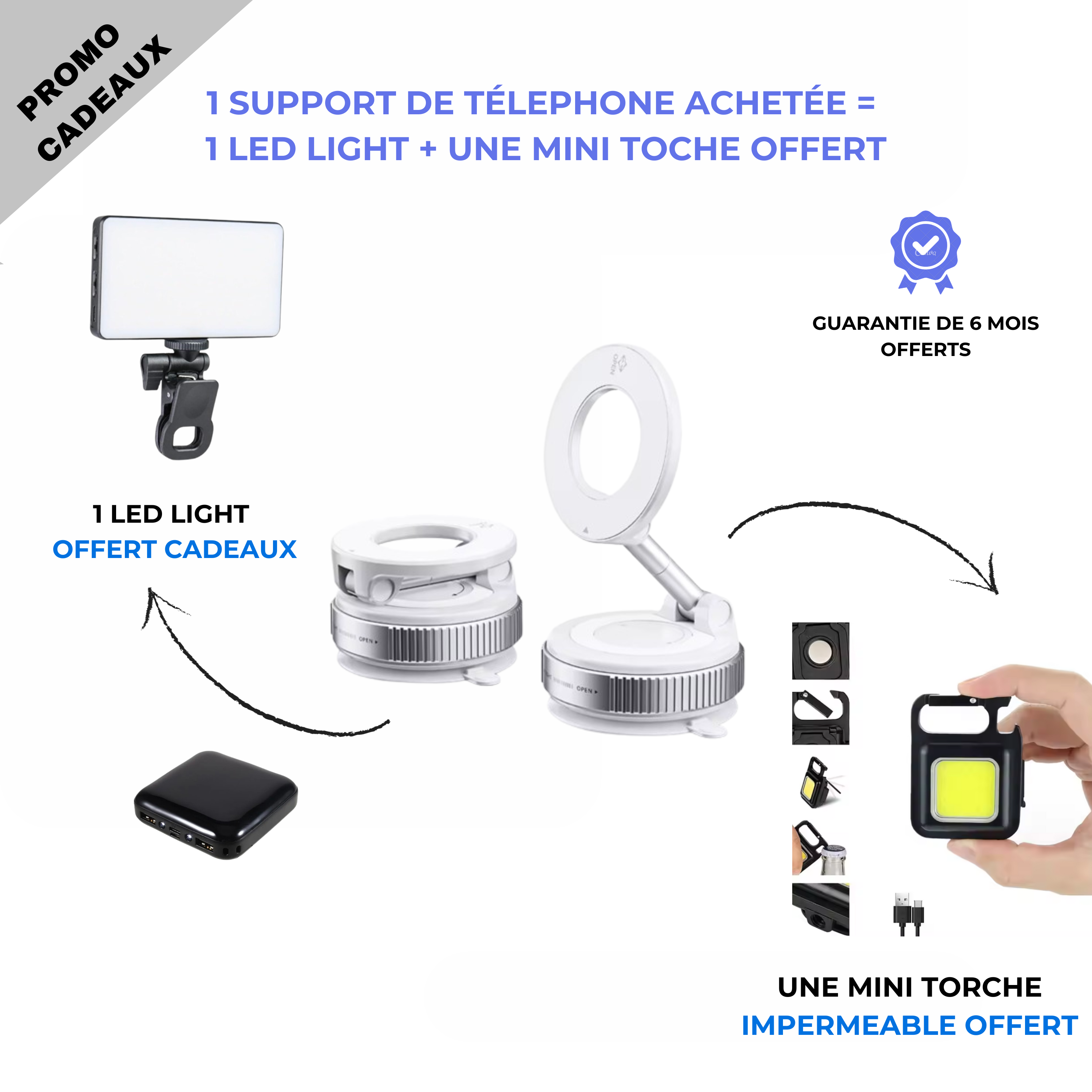 Support téléphone GAB + Led light + mini torche